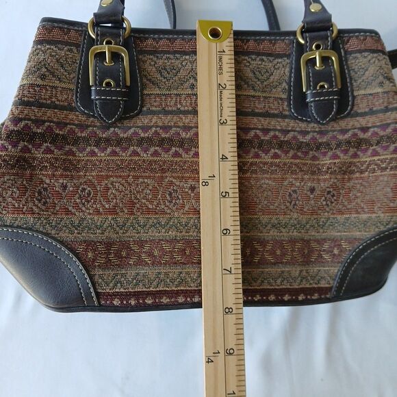 Relic By Fossil Woman’s Purse Brown Carpet Bag Leather Zippered Handles Straps - Picture 5 of 9
